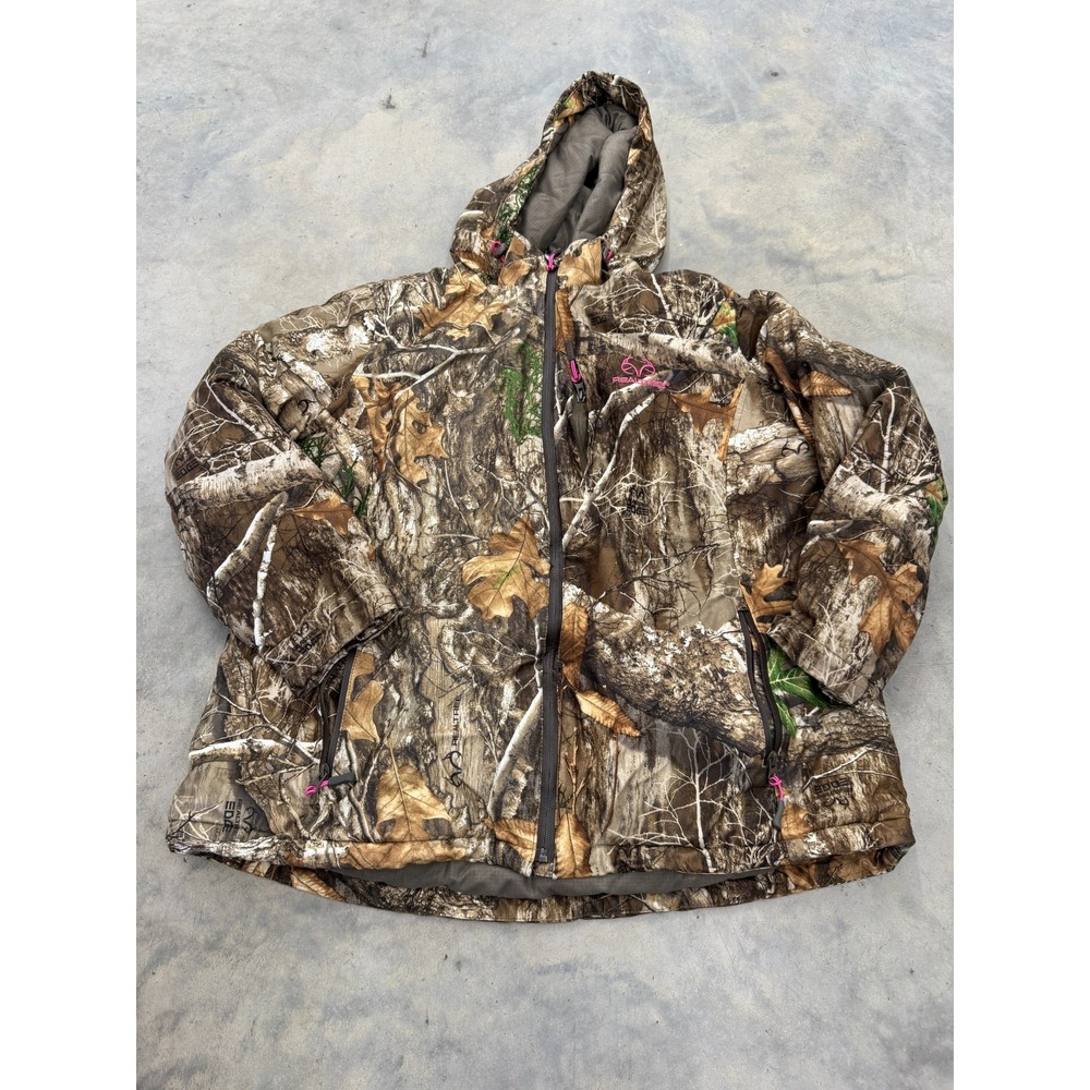 Realtree Hunting Jacket Womens 2XL Brown Camo Full Zip Hooded Adventurous Hiking
